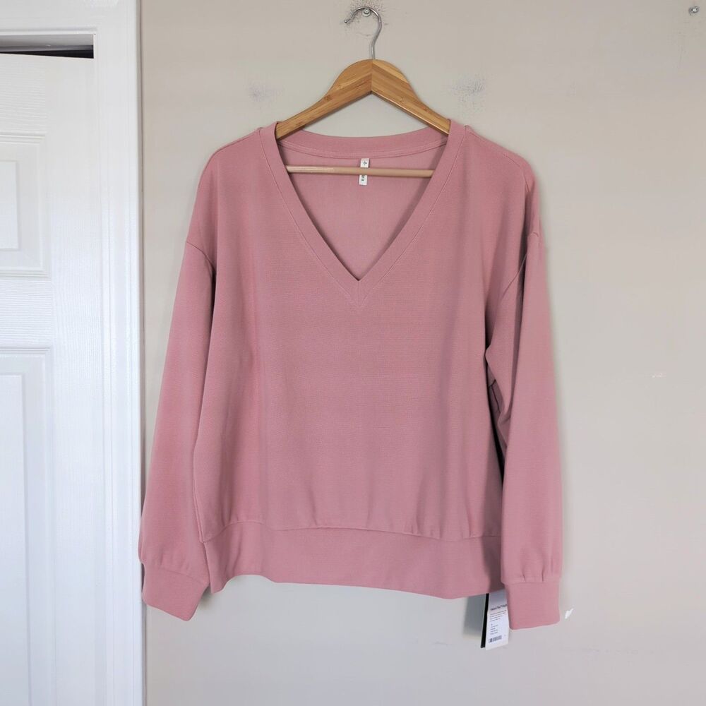 Halara Women's NWT Pink Flex Waffle V Neck Pullover Sweatshirt Large